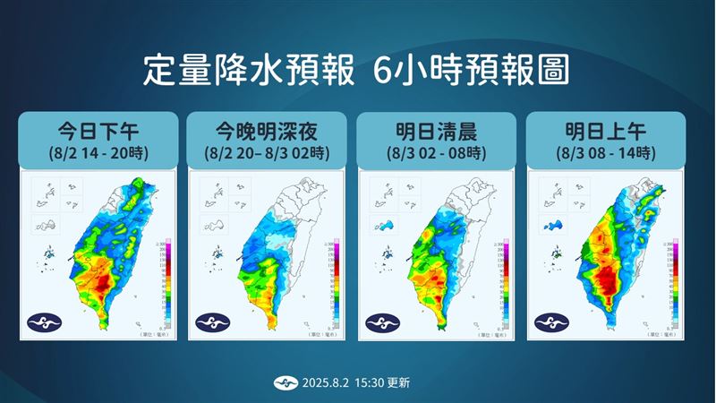苗栗以南地區今、明防豪、大雨。（圖／中央氣象署提供）