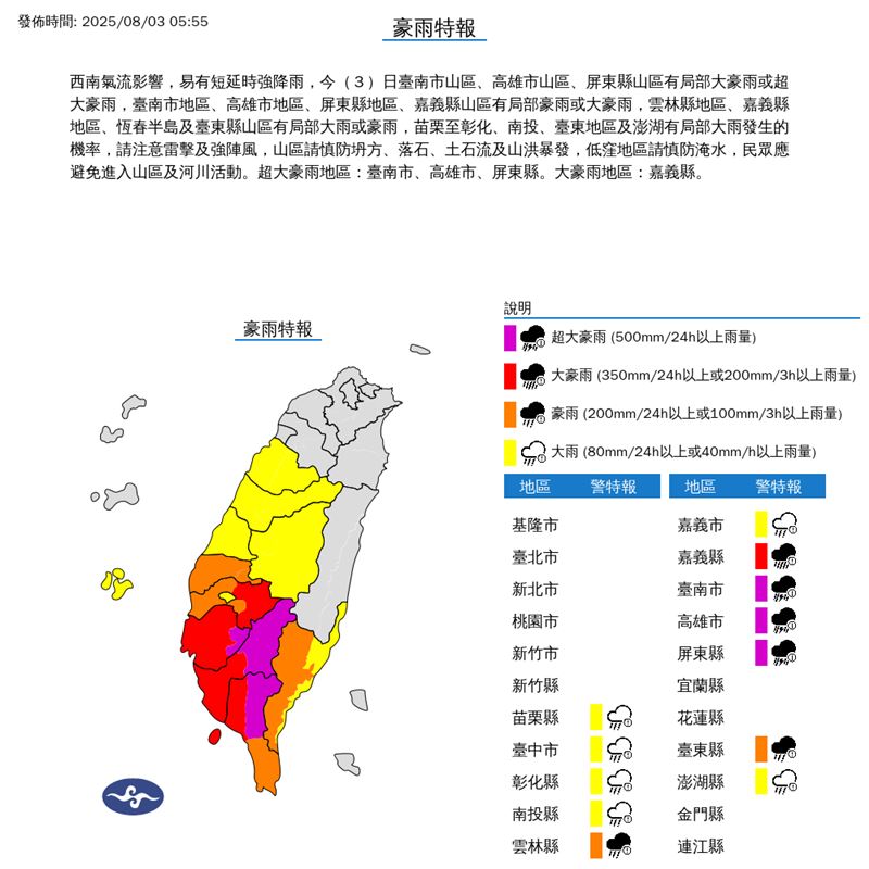 氣象署今(3)日清晨針對全台12縣市發布豪雨特報。(圖/翻攝自中央氣象署)