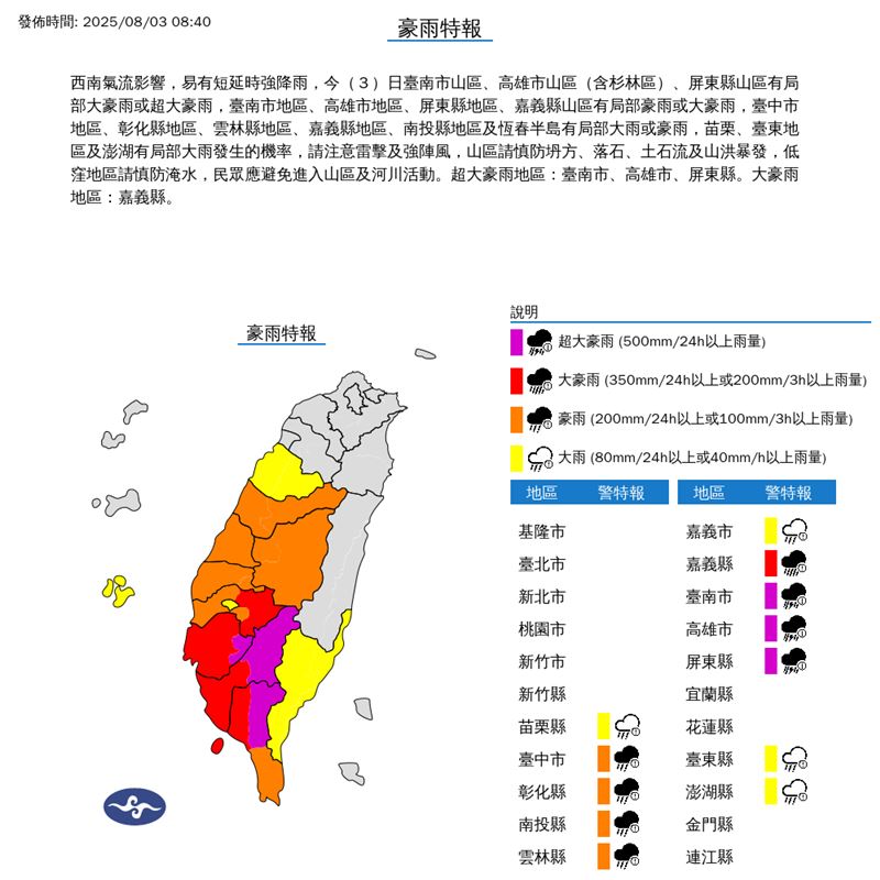 中央氣象署在今(3)天08:40發布豪雨特報。(圖/翻攝自氣象署)