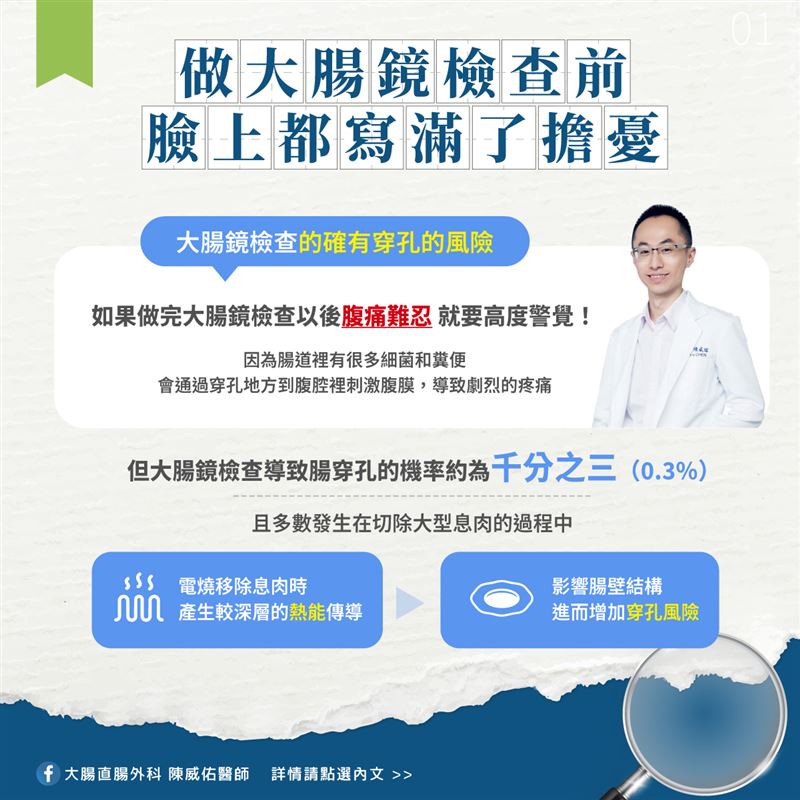 大腸鏡檢查的確有穿孔的風險,但機率僅千分之三。(圖/翻攝自大腸直腸外科陳威佑醫師臉書)
