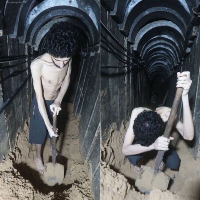 哈瑪斯釋出影片,以色列人質大衛骨瘦如材被迫自掘墳墓。(圖/翻攝自 X @VividProwess)