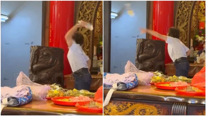 白衣婦人在大甲鎮瀾宮內狂扔寶特瓶水。(圖/翻攝自黑色豪門企業)