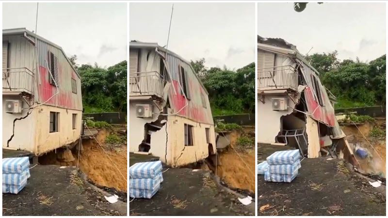 台南市柳營山區民宅，不敵大雨侵襲土石鬆動，4日崩塌瞬間曝光。（圖／翻攝畫面）