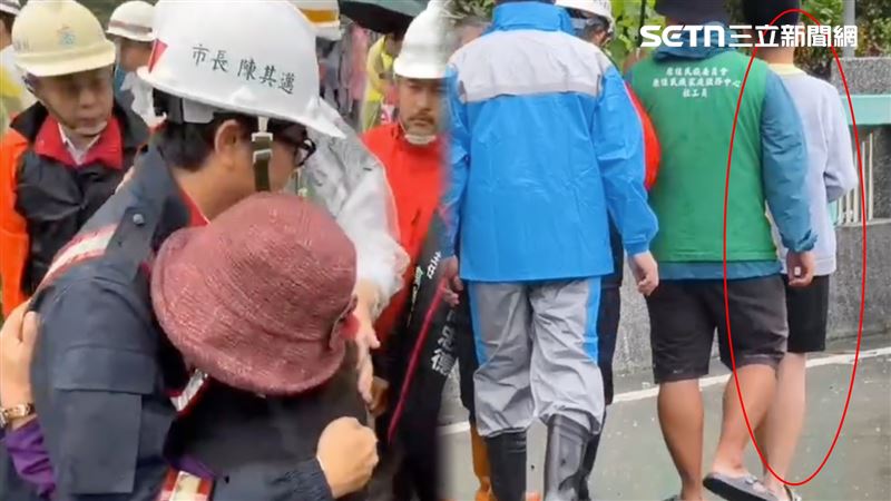 14歲男童(右紅圈)與家屬一同前來攔路陳情,陳其邁順勢給了一個擁抱。(圖/翻攝畫面)