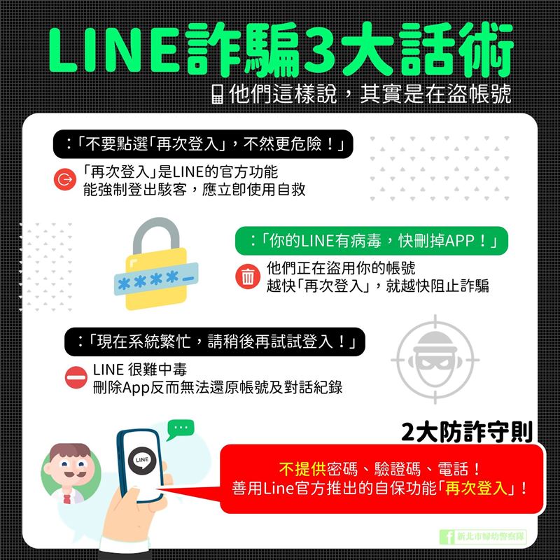 新北市政府警察局婦幼警察隊建議民眾，可以多加善用LINE推出的自保功能來防詐。（圖／翻攝自新北市政府警察局婦幼警察隊臉書）