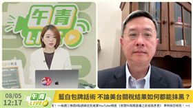 ▲民進黨發言人韓瑩在直播節目《午青LIVE》與駐歐盟代表李淳討論台美關稅議題。（圖／翻攝自《午青LIVE》YouTube）