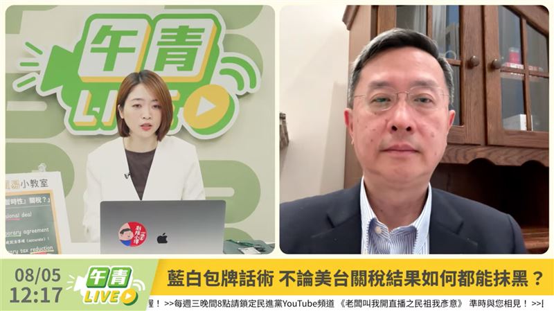 民進黨發言人韓瑩在直播節目《午青LIVE》與駐歐盟代表李淳討論台美關稅議題。(圖/翻攝自《午青LIVE》YouTube)