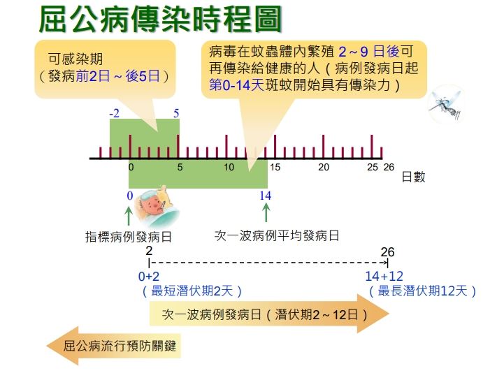 屈公病潛伏期介於2至12天,感染時程圖一覽。(圖/疾管署)