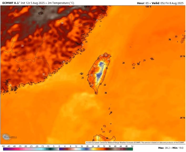 預估各地高溫今日可達32-34度，不過各地山區及北部、東半部地區可能帶來局部性的大雷雨。（圖／翻攝自天氣風險）