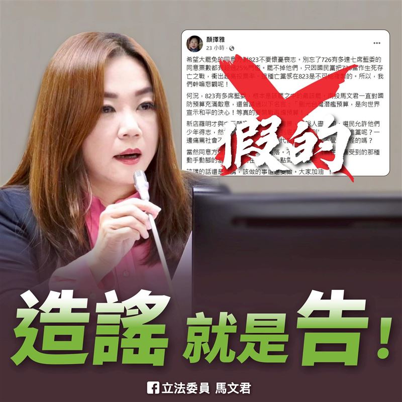 不滿作家顏擇雅發文指她對國防預算充滿敵意、「刪光台灣潛艦預算,是向世界宣示和平的決心!等真的要開戰再編預算!」國民黨立委馬文君日前表示將對顏提告。(圖/翻攝自馬文君臉書)