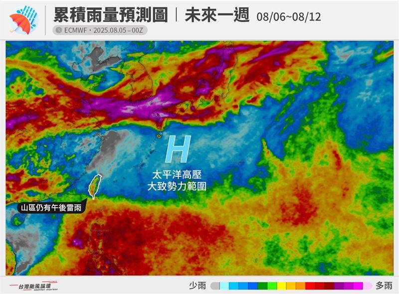 太平洋高壓勢力重返台灣上空,久違的高溫炎熱的盛夏正式回歸。(圖/台灣颱風論壇|天氣特急)