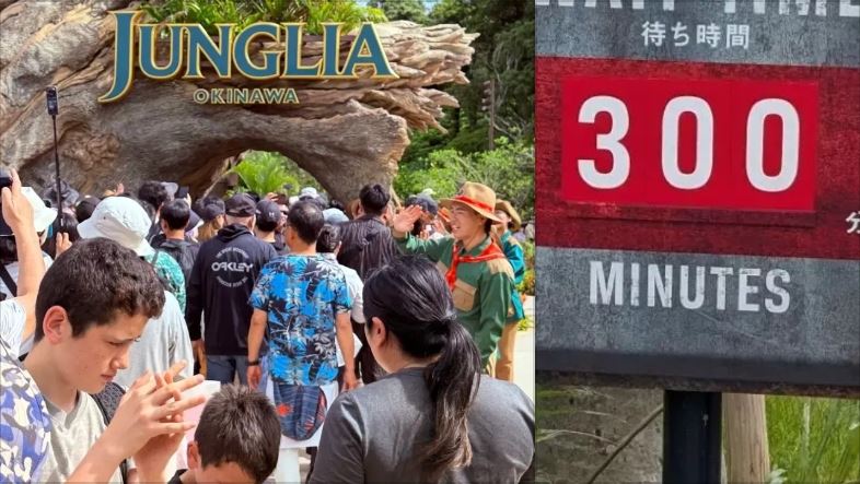 沖繩新開幕的JUNGLIA「恐龍樂園」相當熱門,遊樂設施要等300分鐘,引來不少遊客抱怨。(圖/翻攝Trip.com)
