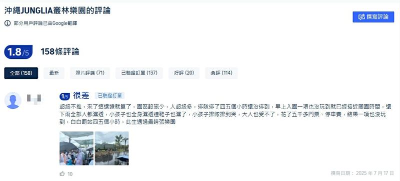 沖繩JUNGLIA樂園旅遊網站評價1.8顆星,負評如潮。(圖/翻攝Trip.com)