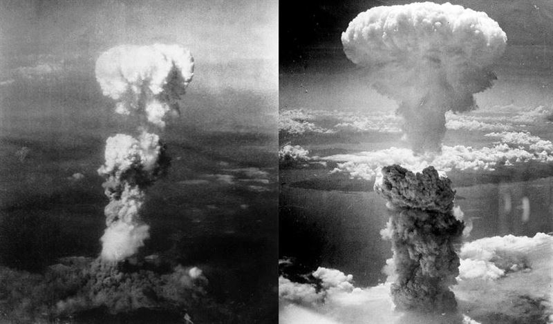 廣島(左)與長崎原子彈爆炸後所產生的蕈狀雲。(圖/翻攝自維基百科)