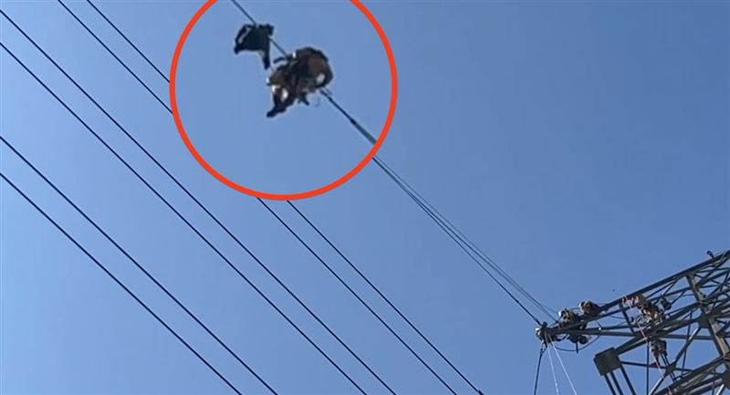 特搜人員透過繩索系統於高空纜線上水平接近待救者。(圖/翻攝畫面)