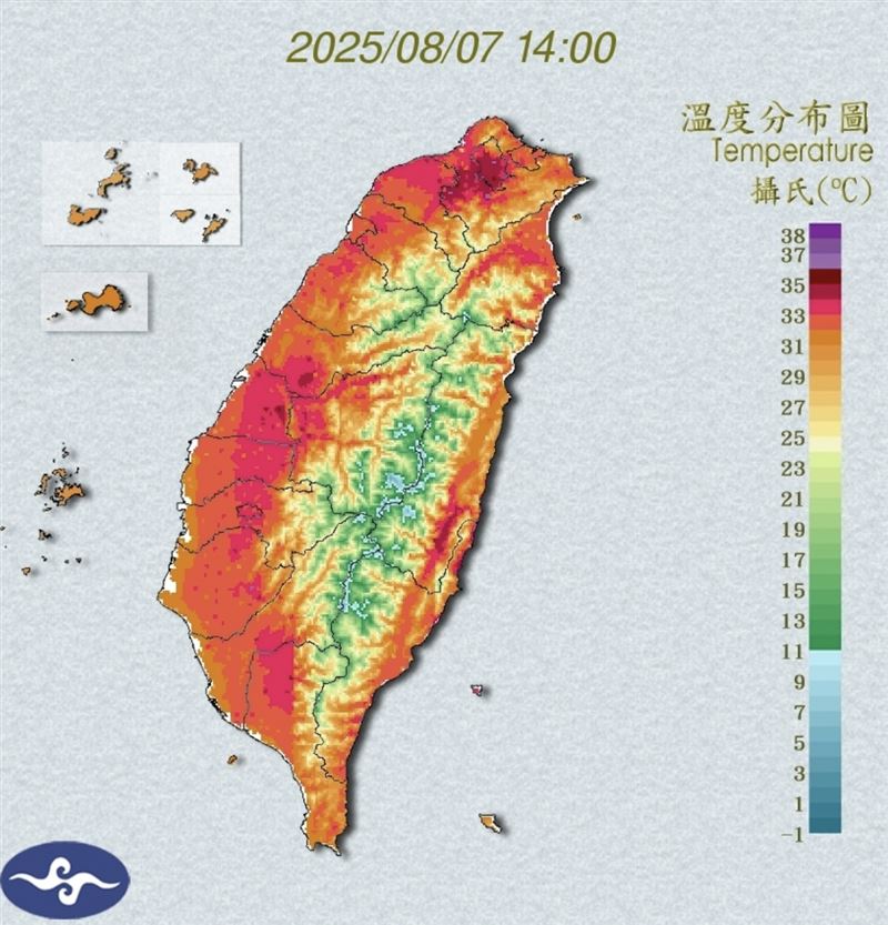 今日午後熱爆，半個台灣紅通通。（圖／氣象署）