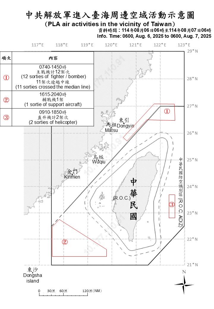 1140807_臺海周邊海、空域活動示意圖。(圖/國防部提供)