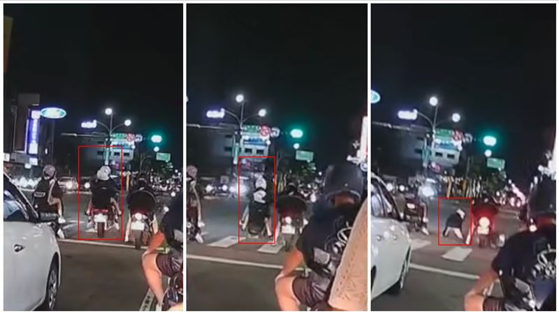 年輕男騎士載妹「翹孤輪」下秒慘摔，目擊民眾忍不住笑翻。（圖／翻攝爆料公社公開版）