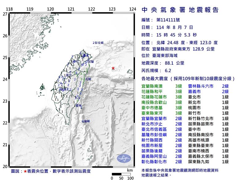 15時45分台灣東部海域發生芮氏規模6.2地震。（圖／氣象署）