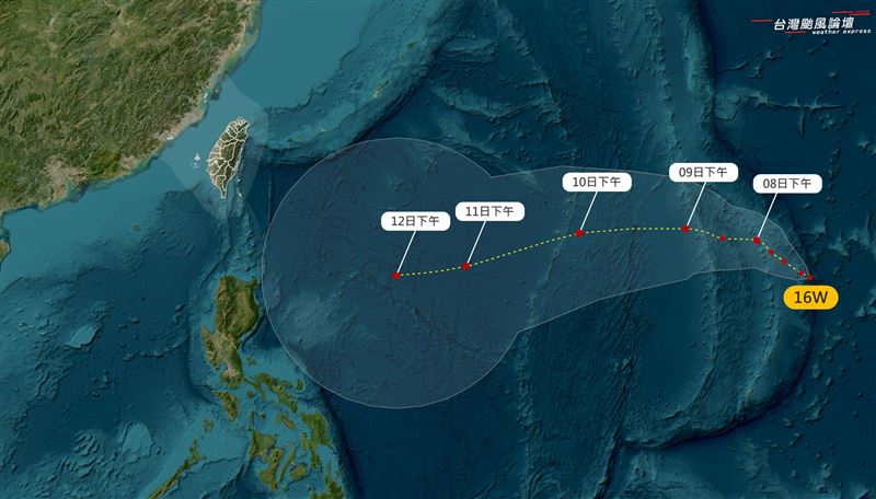 熱帶氣壓16W影響台灣的機率中等偏高。（圖／翻攝自「台灣颱風論壇｜天氣特急」臉書）