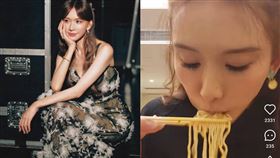 林志玲無懼熱量，暴風式吸入泡麵麵條。（圖／翻攝自小紅書）