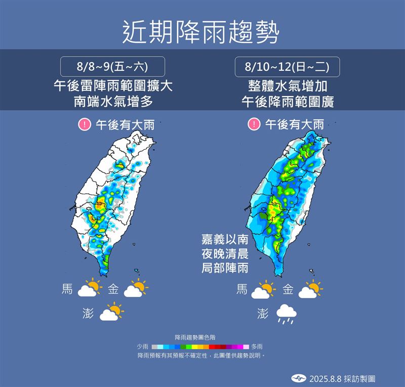 週日至週二受到與楊柳颱風逐漸接近，及南邊低壓帶通過影響，各地留意午後雷陣雨。（圖／氣象署）
