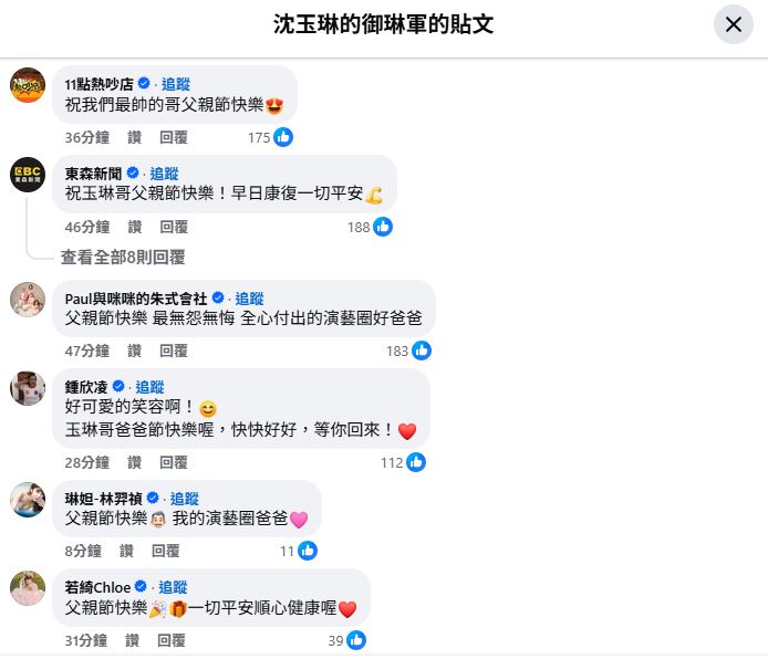 群星湧入沈玉琳最新貼文留言區。（圖／翻攝自沈玉琳臉書）