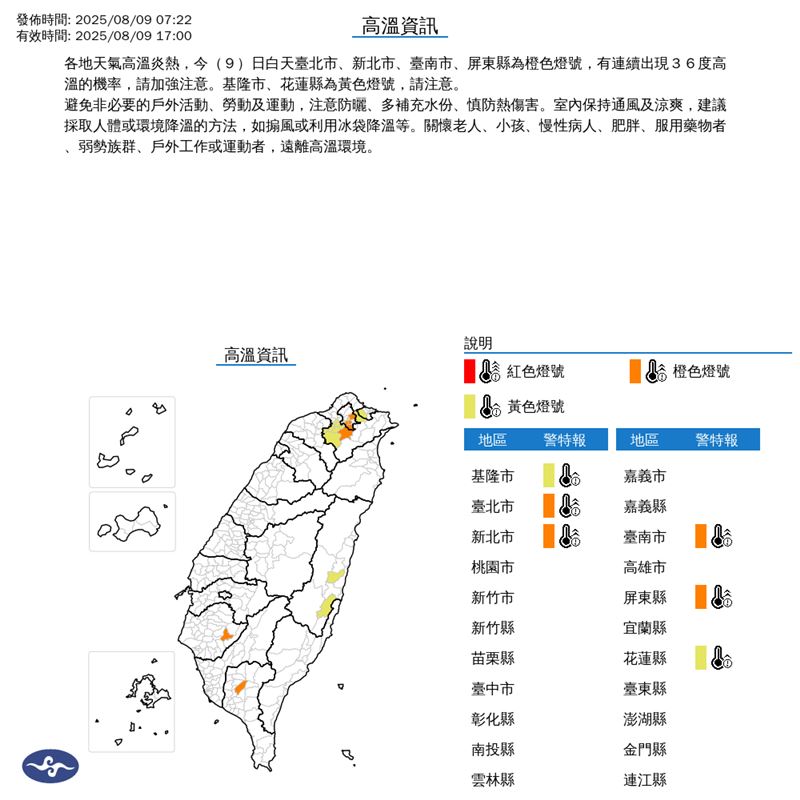 今日上午7時22分，氣象署針對「6縣市」發布高溫特報。（圖／翻攝自氣象署）