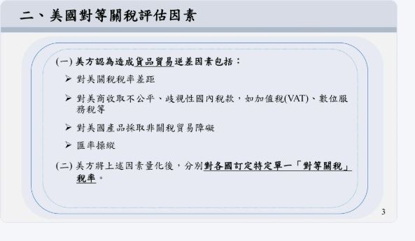 行政院經貿談判辦公室公布9頁簡報,揭露美國對等關稅計算模式與台灣應對策略。亦曾清楚點出,川普的對等關稅皆採疊加累計制。(圖/翻攝自行政院經貿談判辦公室)