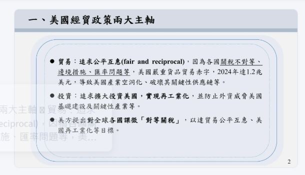 行政院經貿談判辦公室公布9頁簡報,揭露美國對等關稅計算模式與台灣應對策略。亦曾清楚點出,川普的對等關稅皆採疊加累計制。(圖/翻攝自行政院經貿談判辦公室)