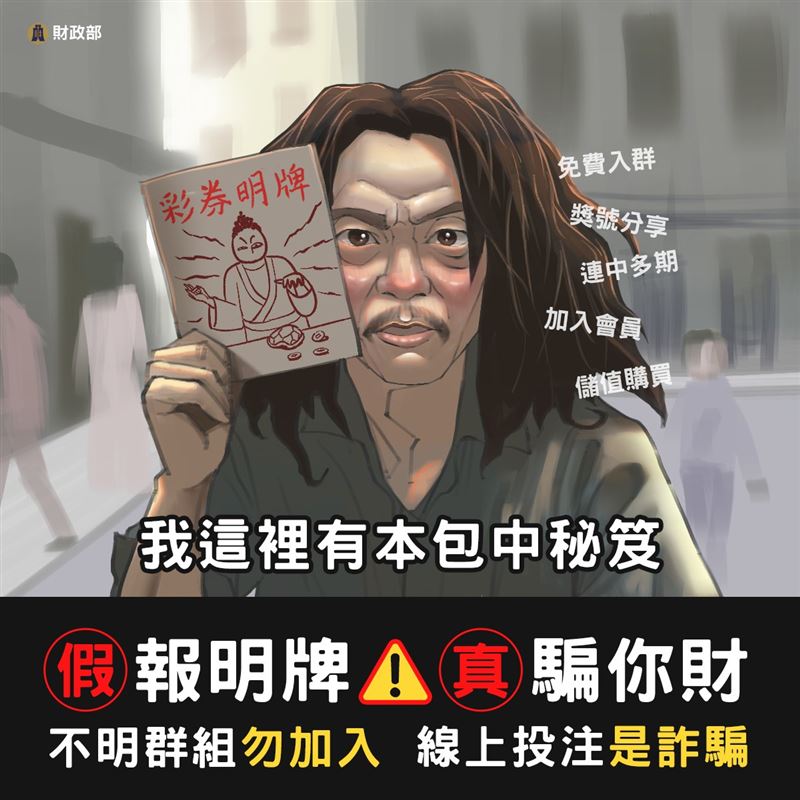 詐騙集團以「彩券明牌」為餌,誘使民眾加入群組後騙取入會費與保密費。(圖/財政部提供)