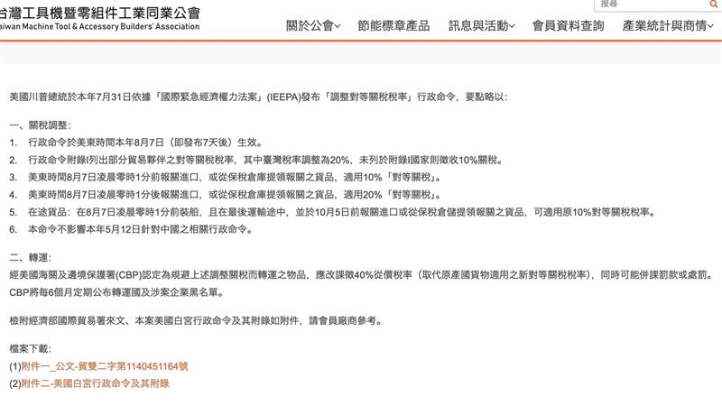 台灣工具機暨零組件同業公會網站翻攝，其說明內容未包括疊加。（圖／翻攝自公會官網）
