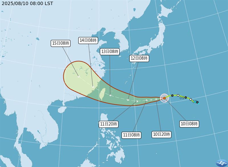 中央氣象署今(10)日上午8時路徑潛勢預報。(圖/翻攝自中央氣象署)