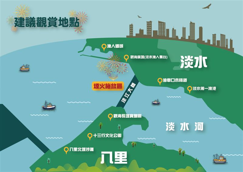 2025淡水漁人碼頭仲夏繽紛樂活動-煙火秀建議觀賞點。(圖/新北市漁業處提供)