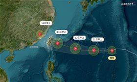 「台灣颱風論壇｜天氣特急」今（10）天貼出一張圖示警，楊柳颱風動態：略偏南，增強中，侵襲機率增。（圖／翻攝自台灣颱風論壇臉書）