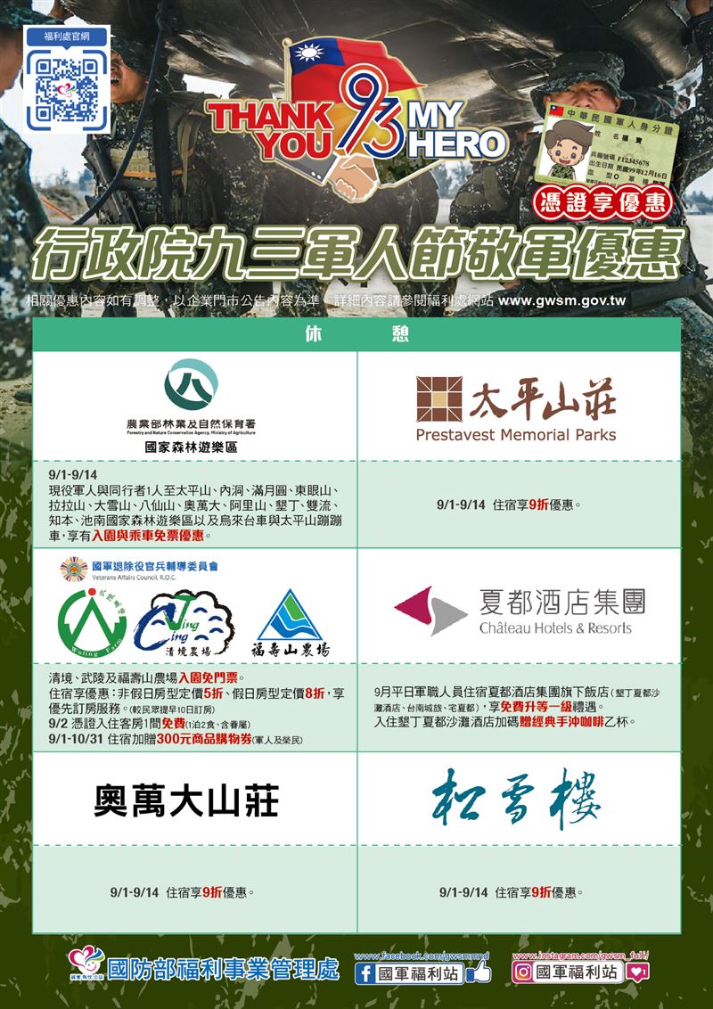 清境、武陵與福壽山三大高山農場,9月2日現役軍人憑證可免費入住一間客房(含1泊2食及眷屬)。(圖/國防部福利事業管理處官網)