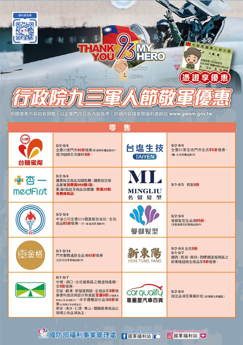 軍人節優惠。(圖/國防部福利事業管理處官網)