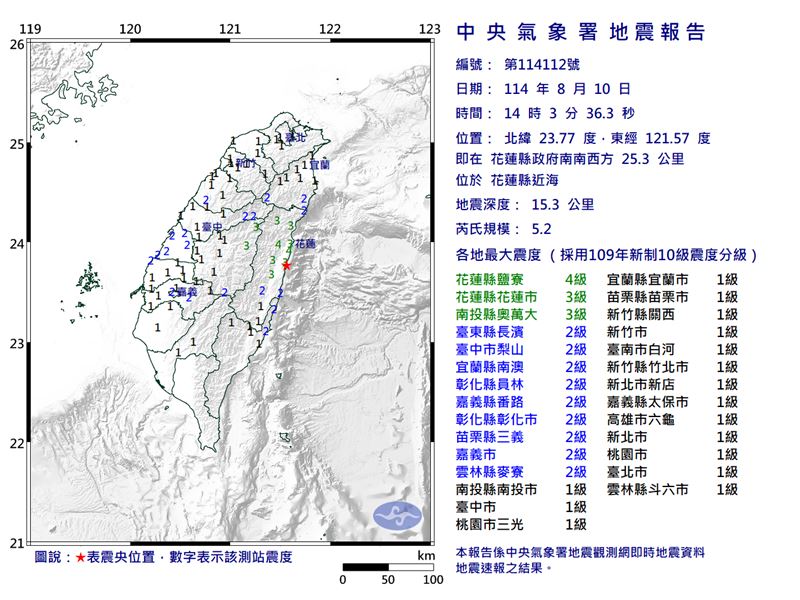 下午花蓮發生5.2強震,氣象署發布地震報告。(圖/氣象署)