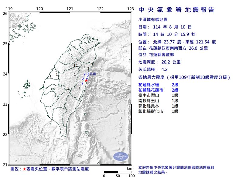 5.2強震發生後,過沒多久又有4.2地震。(圖/氣象署)