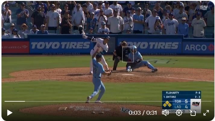 9局下滿壘大谷翔平揮棒落空遭三振。（圖／翻攝自Sportsnet X）