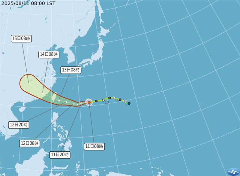 楊柳颱風最新路徑，高機率登陸東半部。（圖／中央氣象署）