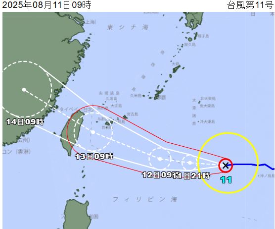 日本氣象廳預估，楊柳將持續增強，12日至13日將逼近沖繩先島群島，期間恐挾暴風圈通過，再向台灣移動。（圖／翻攝自日本氣象廳）
