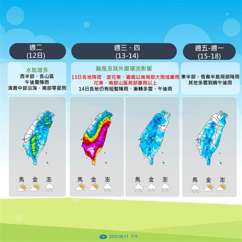 週三東部及南部下到發紫。（圖／氣象署）