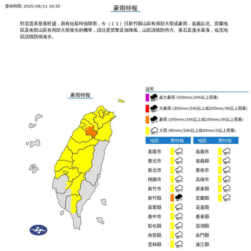 17縣市豪、大雨特報。(圖/中央氣象署)