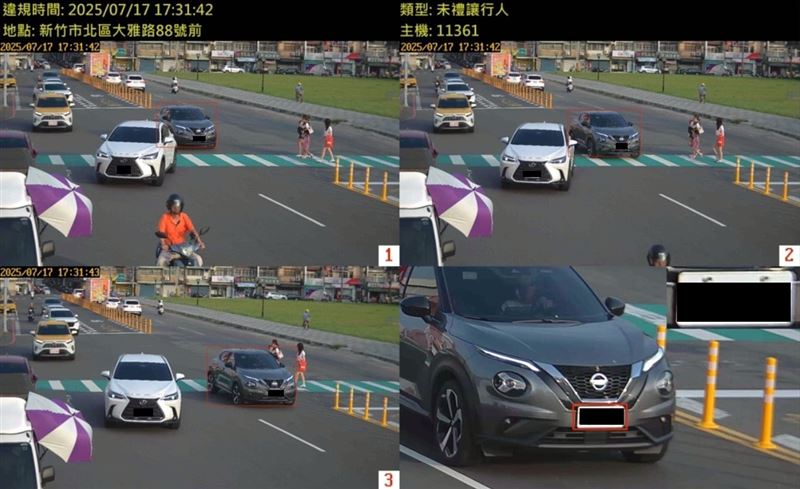 新竹市大雅路上，常有汽車未禮讓行人。（圖／新竹市政府警察局提供）