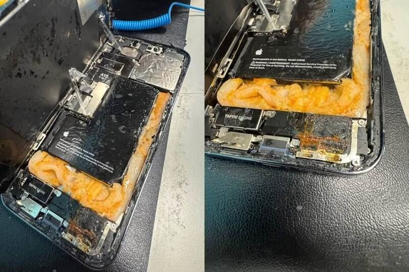 買2手iPhone回家拆開後驚見塞滿魔芋爽?買家指控機身還有腐蝕的痕跡。(圖/翻攝Threads)