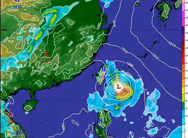 楊柳颱風中心可能從台東附近登陸。(圖/翻攝自「天氣職人-吳聖宇」臉書)