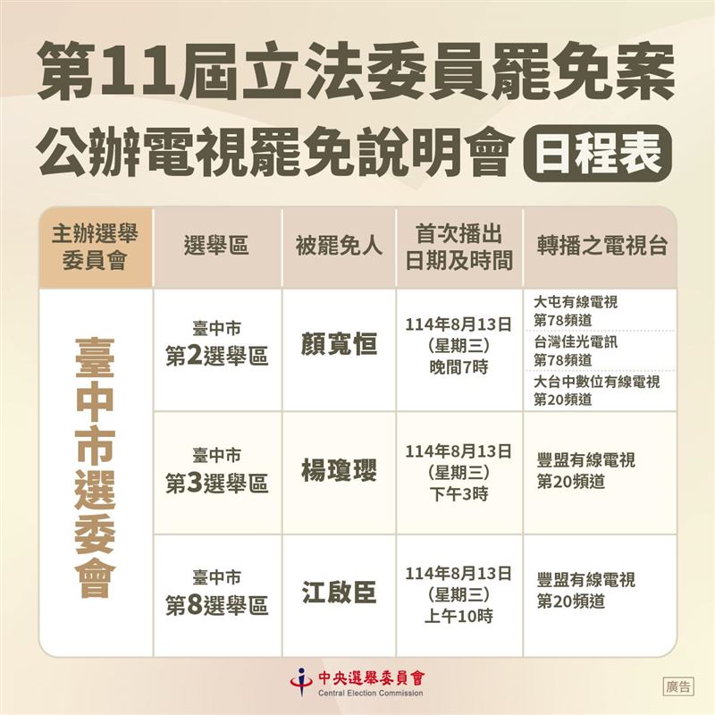 第11屆立法委員罷免案公辦電視罷免說明會。(圖/中選會提供)