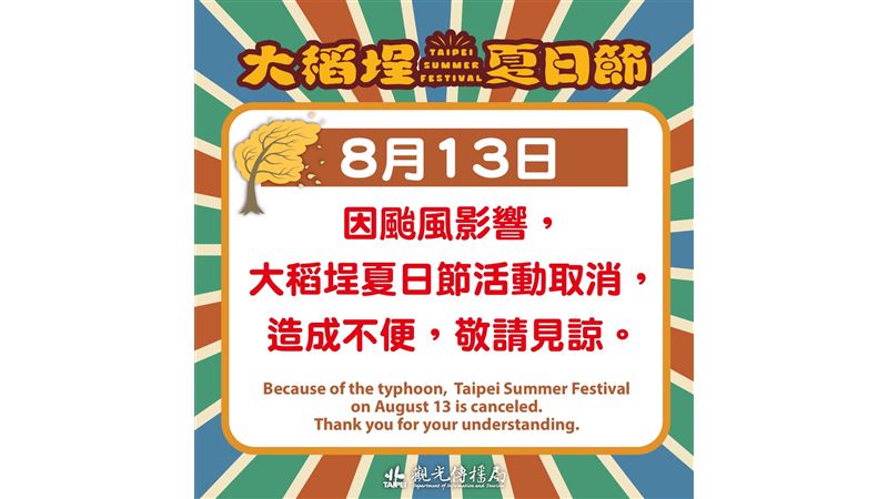 「大稻埕夏日節」8/13煙火、音樂展演取消