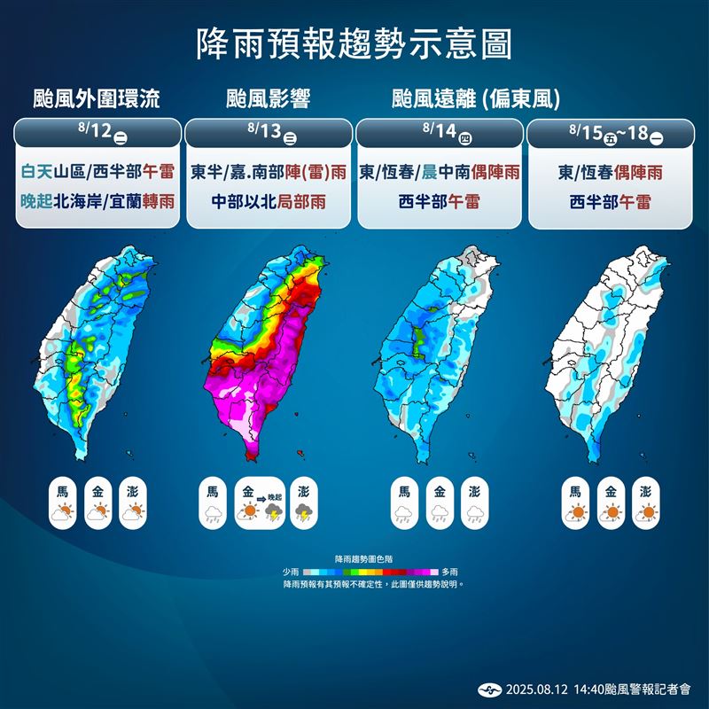 明天降雨最劇烈,花東及嘉義以南紫爆。(圖/氣象署)